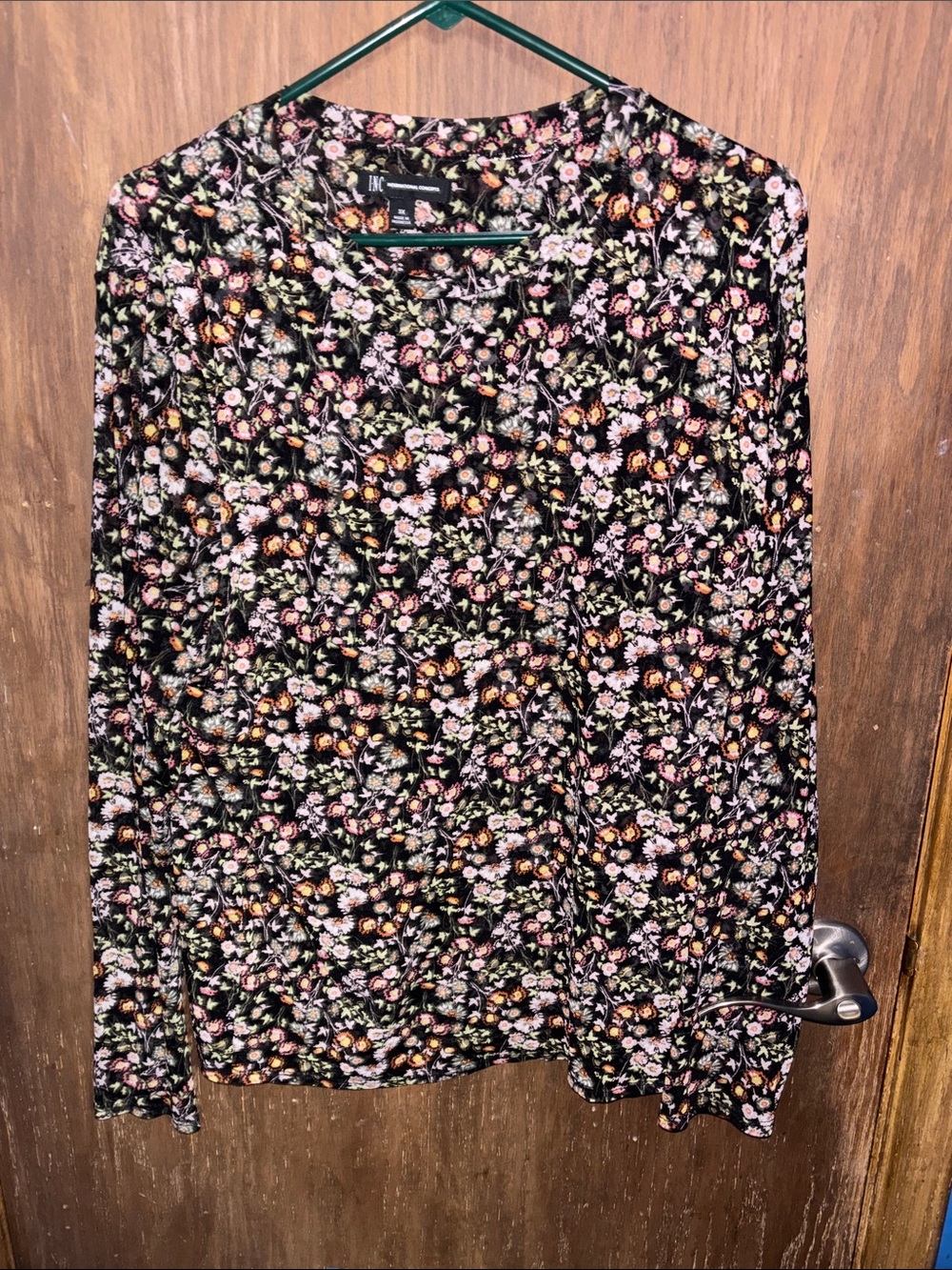 INC International Concepts Black Long-Sleeve V-Neck Top with Pink Floral Print